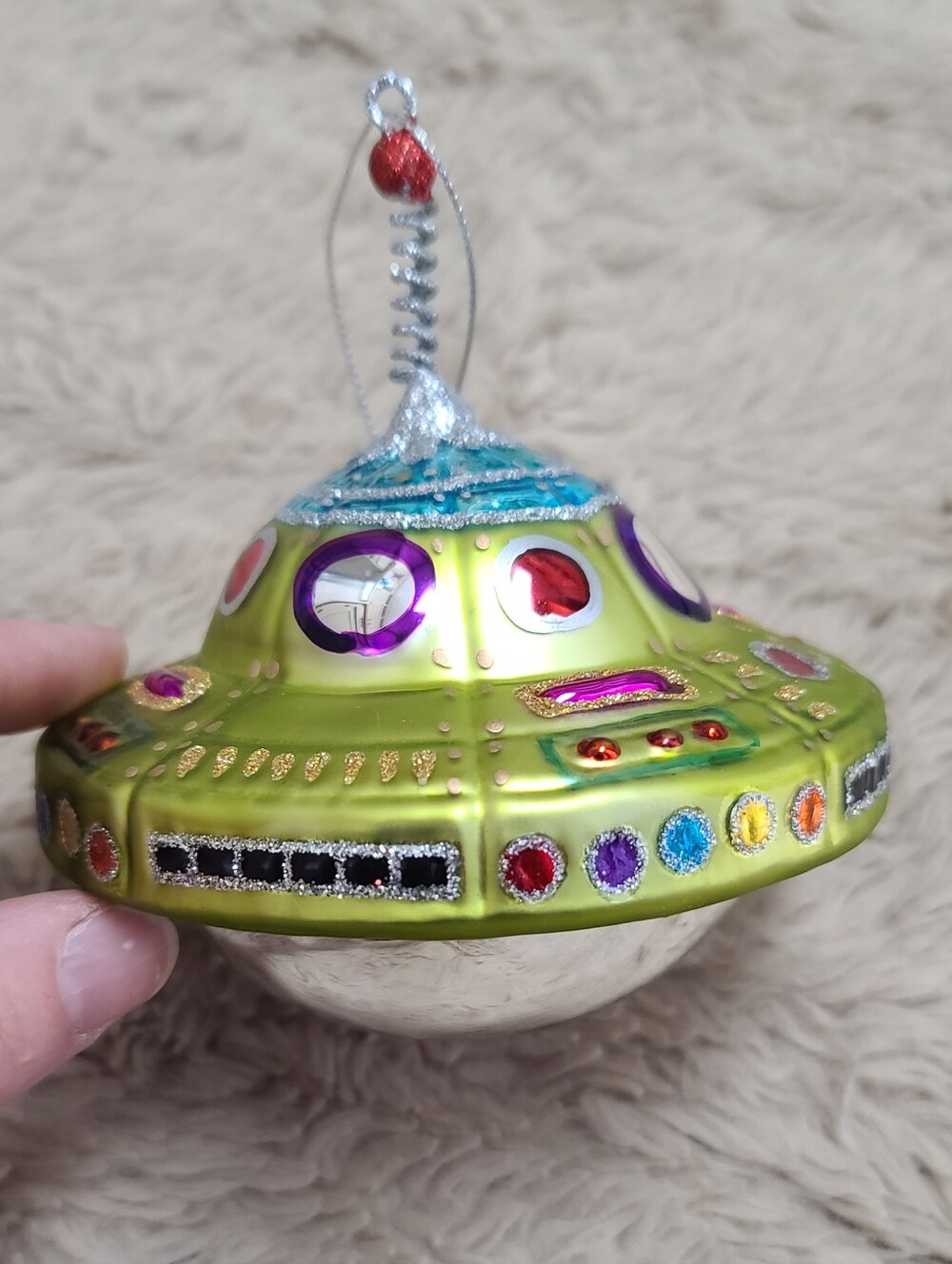 Green UFO Glass Ornament with Multicolor Gem Accents, Alien Flying Spaceship - Picture 1 of 6